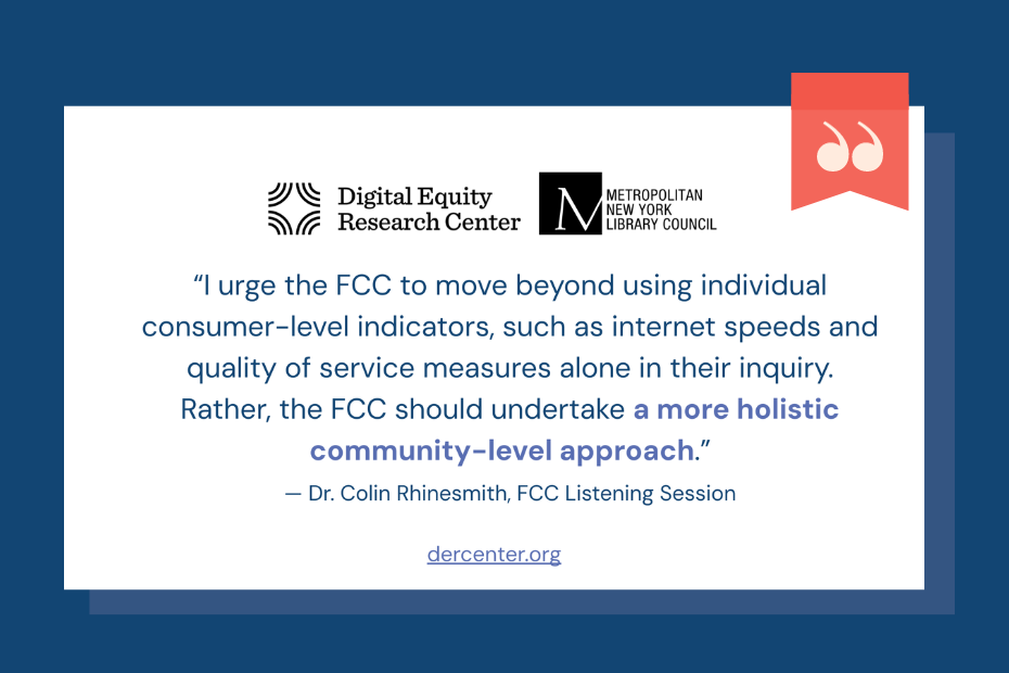 A graphic shows a quote from Dr. Rhinesmith's comments at a 2023 FCC Listening Session