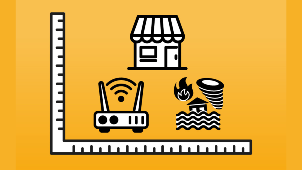 A graphic for the event depicts a wifi router, a shopfront, and a home surrounded by natural threats charted on an XY-axis. The objects are white with strong black outlines, and the background is a deep yellow.