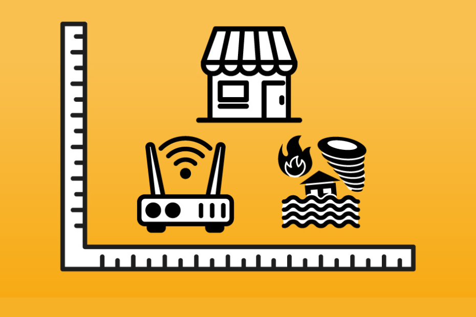 A graphic for the event depicts a wifi router, a shopfront, and a home surrounded by natural threats charted on an XY-axis. The objects are white with strong black outlines, and the background is a deep yellow.