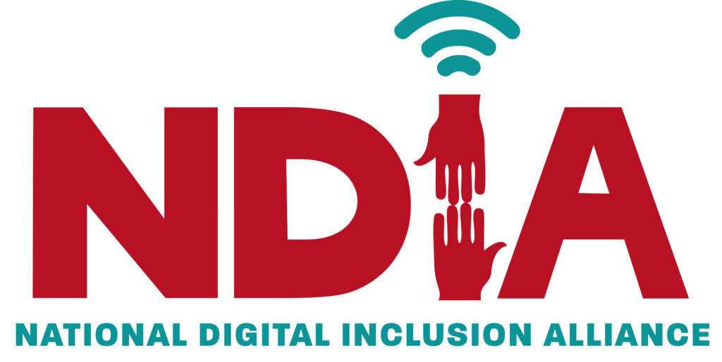 The NDIA Logo: letters "NDIA" in dark red with a green wifi symbol dotting the "I"