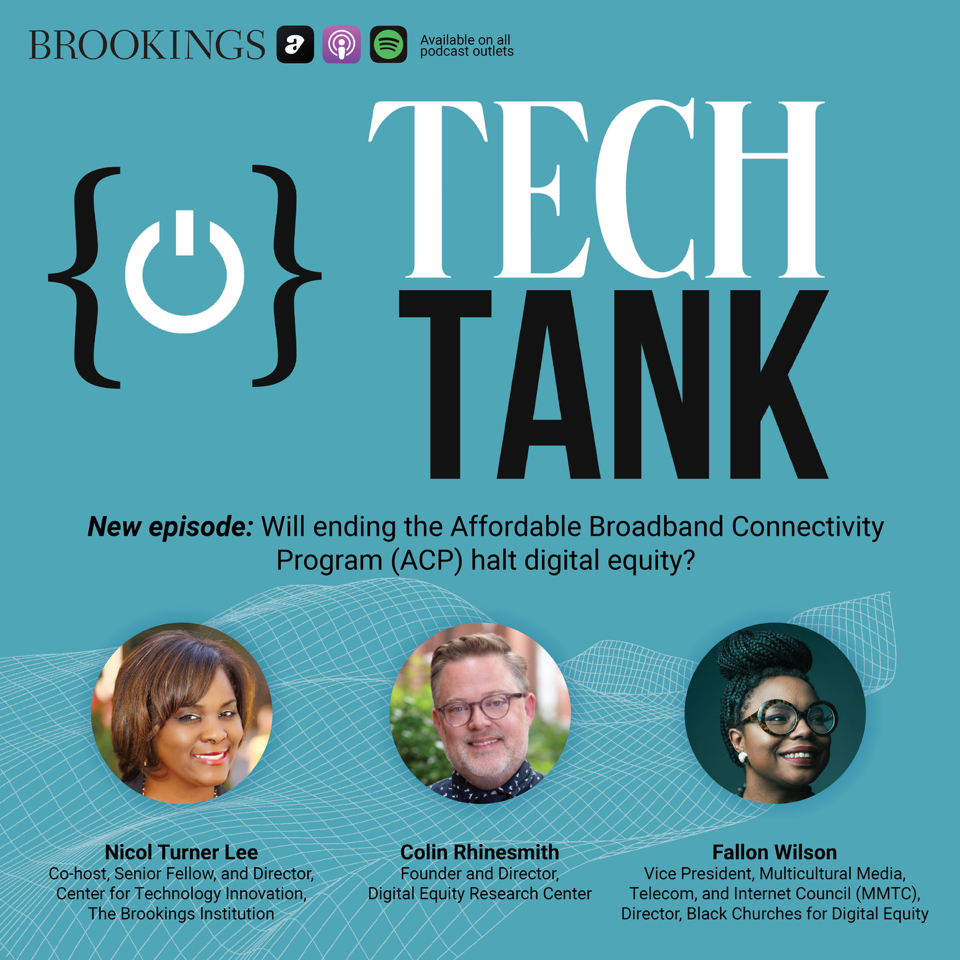 A graphic with a teal background says “TechTank” in large black and white lettering with the podcast logo, a power symbol in brackets, to the left. Headshots of the podcast host and two guest speakers are below with their names and titles underneath. 