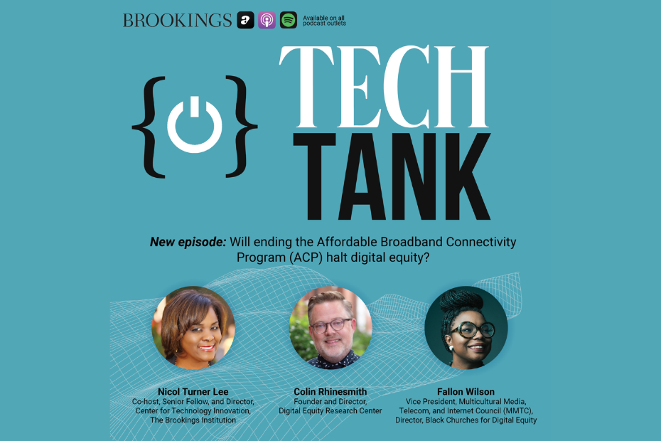 A graphic with a teal background says “TechTank” in large black and white lettering with the podcast logo, a power symbol in brackets, to the left. Headshots of the podcast host and two guest speakers are below with their names and titles underneath.