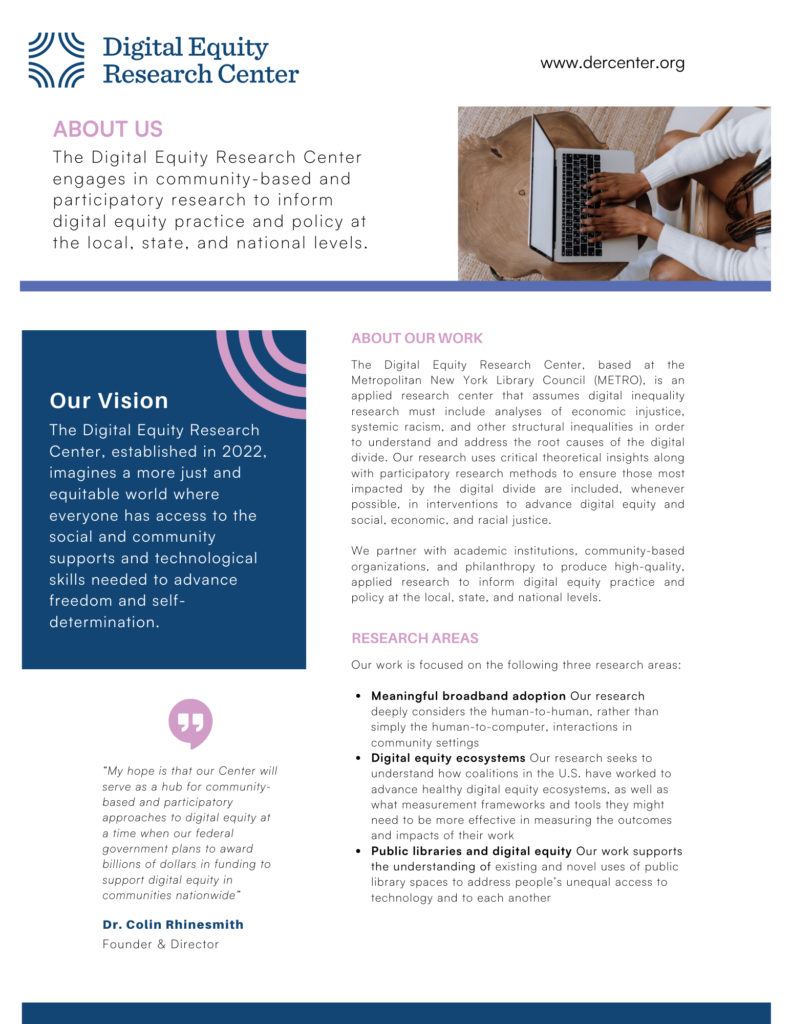 The first of two pages of a flyer summarizing information about the Digital Equity Research Center 