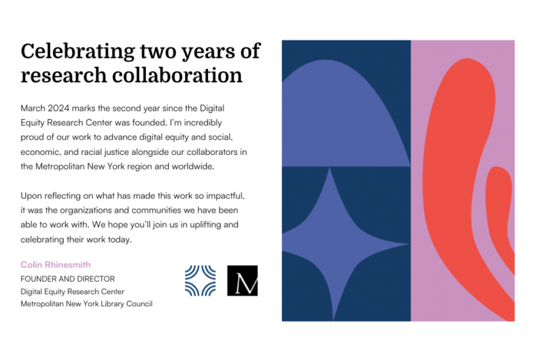 On the left, a brief letter from the Center’s director highlights what’s most meaningful about this two-year milestone. On the right: a four-color design with three freeform shapes created by designer Sophie Greenspan using our Center’s brand identity.