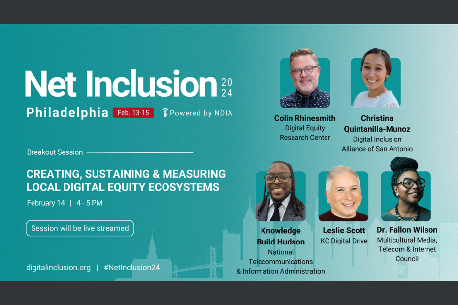 Graphic with teal background and outline of Philadelphia’s skyline; Net Inclusion logo, text about breakout session, and speaker headshots.