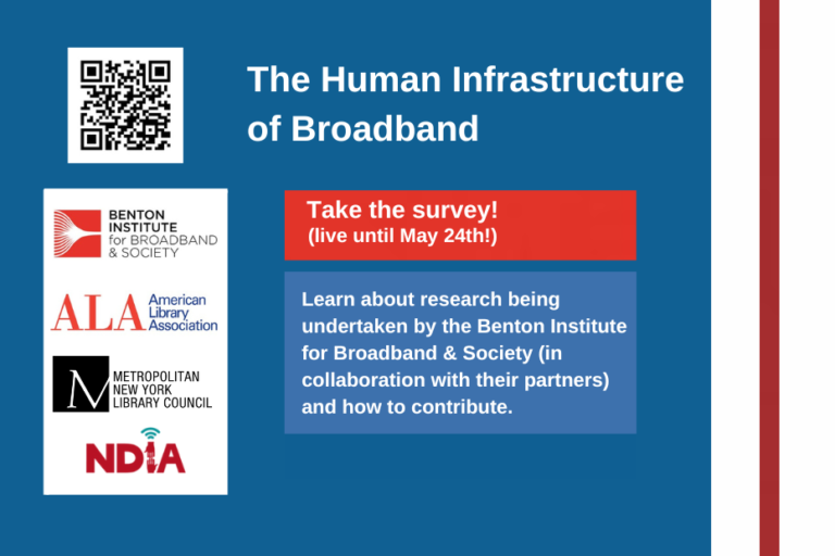 A red, blue, and white flyer shows the logos of collaborators and a QR code to get to the survey