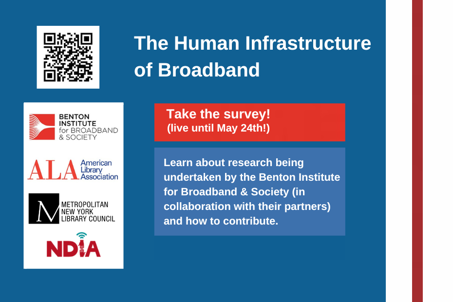 A red, blue, and white flyer shows the logos of collaborators and a QR code to get to the survey