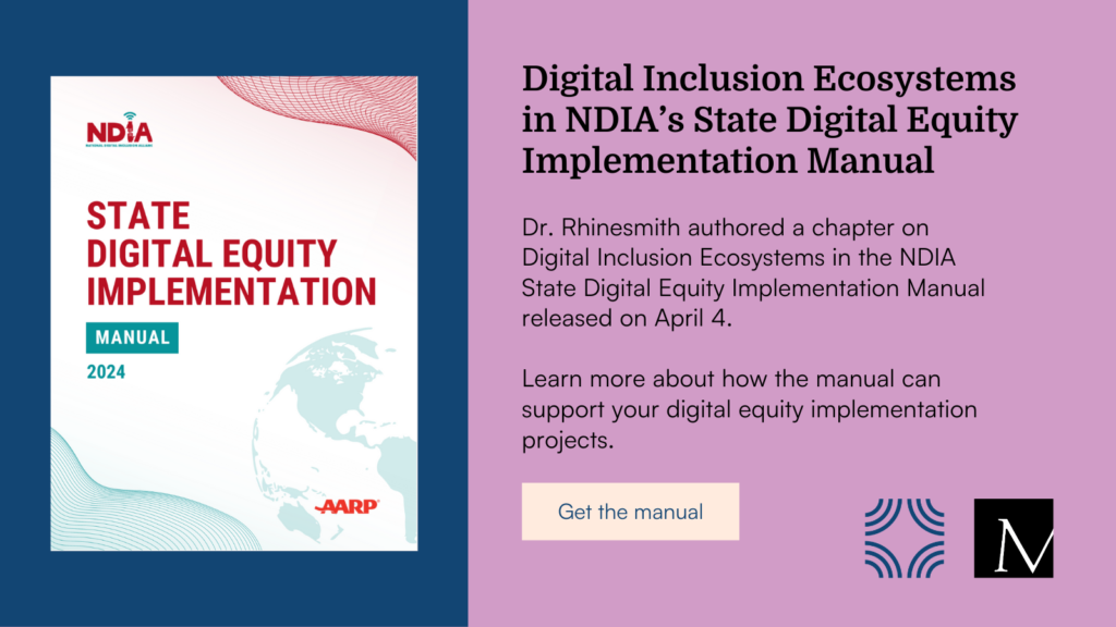 Graphic shows the cover of the 2024 State Digital Equity Implementation Manual, which includes the title in large red letters and NDIA and AARP's logos in two corners, and some text about the Research Center Director's work on the project. 