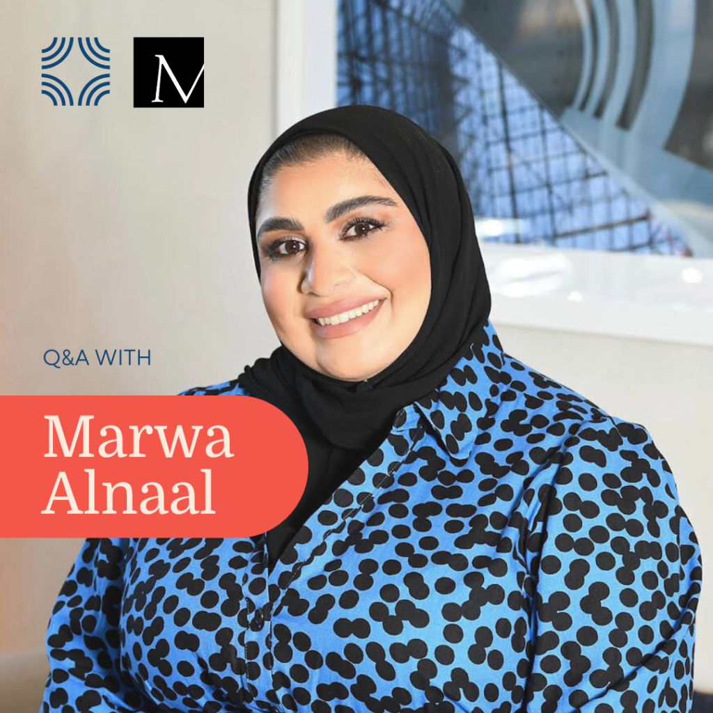 Alt text: A photo of Marwa Alnaal, smiling and wearing a blue shirt with black polka dots and black hijab, with METRO and the Digital Equity Research Center’s logos in the top left. 