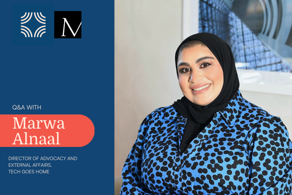 Alt text: A graphic shows a photo of Marwa Alnaal, smiling and wearing a blue shirt with black polka dots and black hijab, with METRO and the Digital Equity Research Center’s logos in the top left. 