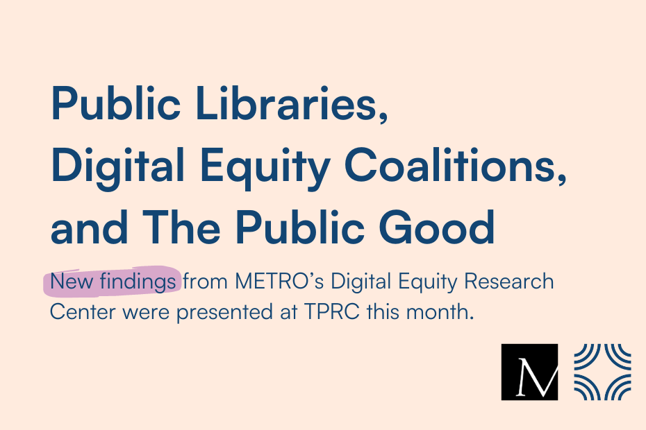 Graphic shows title of paper, 'Public Libraries, Digital Equity Coalitions, and The Public Good," which was presented at TPRC.